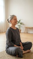 Peaceful senior Caucasian woman meditating in cross-legged position at home wearing gray linen outfit with eyes closed and gentle smile on wooden floor.