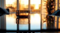 Amber glass container reflected on glossy surface at sunset, creating symmetrical mirror effect with warm golden light and window silhouette in background.