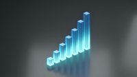 Ascending blue glowing bars showing upward growth trend and financial success on dark background. Use for business reports, analytics presentations, and investment concepts.