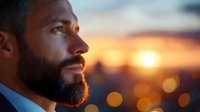 Thoughtful businessman with beard gazing at golden sunset, contemplating future success and opportunities in warm evening light.