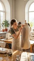 Young female fashion designer working on dress form in bright sunlit atelier studio with sewing machine and plants creating handmade clothing garments.