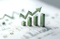 Green ascending bar graph with upward arrow showing positive financial growth trend on analytical chart background with selective focus effect.