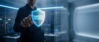 Professional businessman touching digital safety guarantee shield icon in modern office environment with futuristic holographic interface technology.