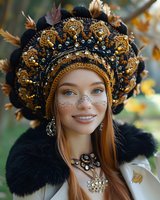 Young Caucasian woman wearing ornate black and gold kokoshnik headdress with feathers and pearls, traditional Russian style costume, face art, long red hair, smiling outdoors in autumn.