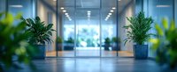 Modern office entrance with glass doors, potted palm plants and soft lighting creates welcoming corporate atmosphere. Suitable for business and interior design projects.