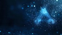 Glowing blue triangle formed by connected dots and lines on dark background with bokeh effect and particle elements. Digital network concept.