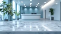 Modern office lobby with marble floor and reception desk, blurred background for business presentations and corporate communications.