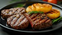 Juicy grilled beef steak with grill marks and fresh herbs served on black plate with grilled orange citrus slices and rosemary garnish, close up view.