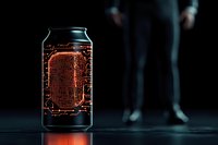 Glowing futuristic beverage can with circuit board pattern design emitting orange light on dark background, person standing in shadows behind.