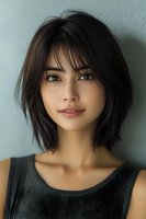 Young Asian woman with short dark hair and natural makeup wearing black tank top, looking directly at camera with gentle smile against light background.