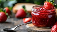 Fresh strawberry jam in glass jar with whole berries scattered on rustic wooden table. Homemade preserves with natural ingredients and spoon for serving.