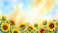 Watercolor sunflower border with bright yellow blooms and green leaves on soft blue sky background for greeting cards and seasonal designs.