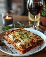 Homemade lasagna with melted cheese and fresh herbs served on white plate, romantic dinner setting with red wine and candlelight in background.