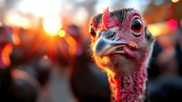 Close up portrait of wild turkey head with red and pink skin texture against blurred sunset bokeh background, dramatic lighting creates striking mood.