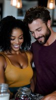 Diverse couple sharing intimate moment at cafe, laughing together while enjoying drinks. Young woman with natural curly hair in yellow top and man in burgundy shirt express genuine joy.