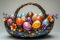 Decorative woven basket filled with colorful marbled Easter eggs and vibrant spring flowers against neutral background, creating festive holiday display.