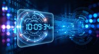 Futuristic digital clock interface with glowing blue holographic display showing time surrounded by binary code and circuit patterns on dark background.