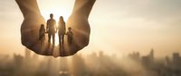 Protective hands holding silhouettes of family with children against golden sunset sky over city skyline for insurance and care concepts.