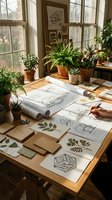 Architect workspace with botanical sketches, houseplants and design materials on wooden desk near sunny window for creative interior design projects.