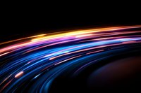 Abstract curved light trails in motion against black background, featuring vibrant blue, purple, orange and yellow streaks creating dynamic flowing lines.