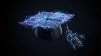Futuristic holographic graduation cap with digital circuit patterns and glowing blue purple effects on dark background for education technology concepts.
