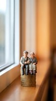 Elderly couple figurines sitting on stack of coins by window representing retirement savings and financial planning for senior years.