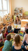 Young Caucasian female teacher reads a colorful storybook to a diverse group of happy preschool children sitting in a circle on a classroom floor.