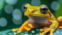 Yellow tree frog close up portrait with large eyes and orange feet on green bokeh background showing detailed amphibian skin texture and expressive face.