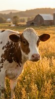 Young dairy cow calf standing in golden sunset pasture with rustic farm barn in background for agricultural and livestock farming concepts.