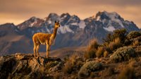Majestic llama standing on rocky mountain terrain during golden hour sunset with snow-capped peaks in background, wildlife photography concept.