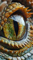 Extreme close-up macro photograph of dragon eye with golden scales, vertical slit pupil and intricate textured iris showing detailed reptilian features.