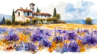 Watercolor landscape with Mediterranean villa surrounded by blooming lavender field, cypress trees and golden wheat under summer sky. Provence countryside scene.