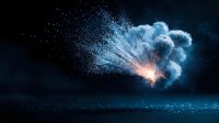 Dramatic explosion with glowing blue particles and smoke cloud against dark night sky, creating ethereal light effect and atmospheric mood.
