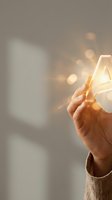 Hand holding glowing lightbulb with bokeh lights representing innovation, creativity, bright ideas, inspiration and business solutions for success.