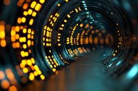 Futuristic digital tunnel with glowing orange and blue lights creating depth perspective for technology and sci-fi concepts.
