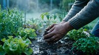 Gardener planting seedling in vegetable garden soil, sustainable farming and organic growing practice for home cultivation.
