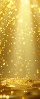 Magical golden liquid surface with floating sparkles and bokeh lights against shimmering background, creating luxurious festive atmosphere for holiday designs.