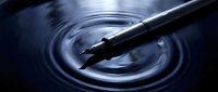 Fountain pen nib touching water surface creating concentric ripples in dark blue liquid, suitable for writing, creativity, and ink-related design projects.