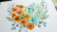 Watercolor floral heart arrangement with orange ranunculus, blue flowers and eucalyptus leaves on white paper background for wedding invitations and romantic designs.