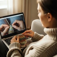 Young woman learning knitting techniques through online tutorial video on laptop computer while practicing with colorful yarn at home.