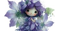 Cute fairy girl with purple flowers and leaves in watercolor style on white background isolated for clipart and design projects.