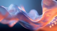 Flowing abstract wave pattern in orange and blue with bokeh effect and mesh texture creates dynamic motion against dark background. For modern design projects.