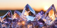 Crystal clear quartz gemstones catching golden sunset light with warm orange glow and sparkling reflections for luxury jewelry and spiritual healing concepts.