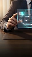 Businessman in dark suit touching holographic tablet displaying AI personalization settings, preferences, and configuration options for technology interface design and digital innovation concepts.