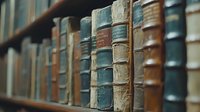 Vintage leather-bound books lined up on wooden shelf, showing aged spines in blue, brown and cream colors with worn textures and classic binding details.