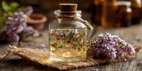 Herbal essential oil in glass bottle with cork stopper surrounded by fresh purple lavender flowers on rustic wooden surface for aromatherapy and wellness.