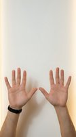 Male hands raised up showing open palms in surrender or stop gesture against neutral background for communication and body language concepts.