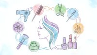 Hair salon and beauty spa icons with woman profile featuring colorful flowing hair surrounded by styling tools, cosmetics and accessories for salon branding.