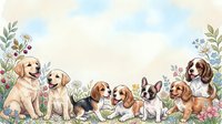 Watercolor puppies sitting in a flower meadow with copy space, featuring golden retriever, beagle, bulldog and spaniel breeds in soft pastel tones.