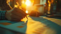 Close-up of hand writing on paper during golden sunset hour, with warm sunlight streaming through window creating atmospheric mood and dramatic lighting effect.